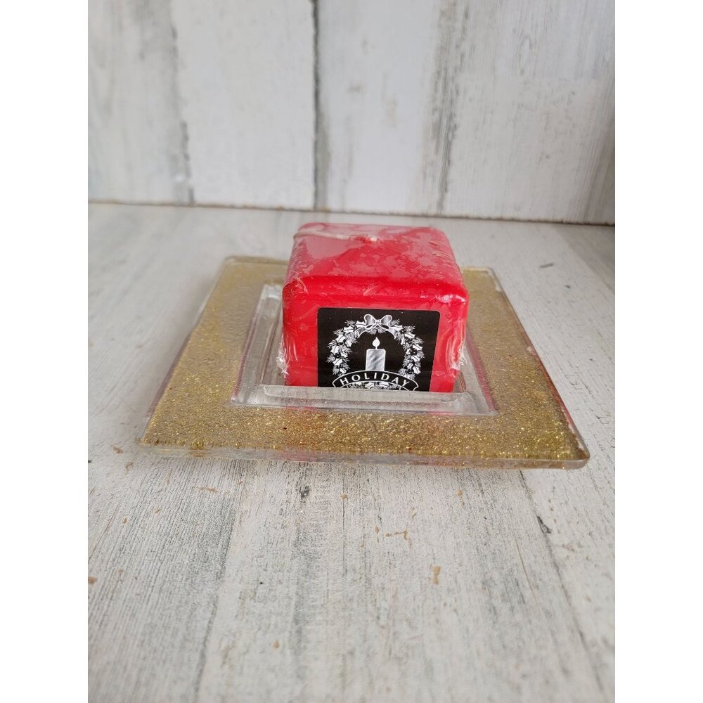 Square candle tray holder Golden glitter Xmas centerpiece‎ unique